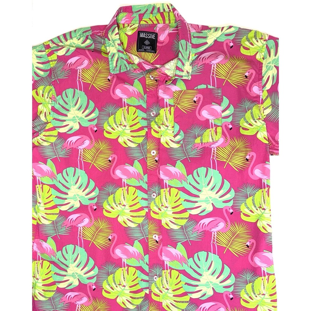 Men's Hawaiian Shirt Pink Flamingo Tropical Button Up Aloha Shirt‎ Size XL